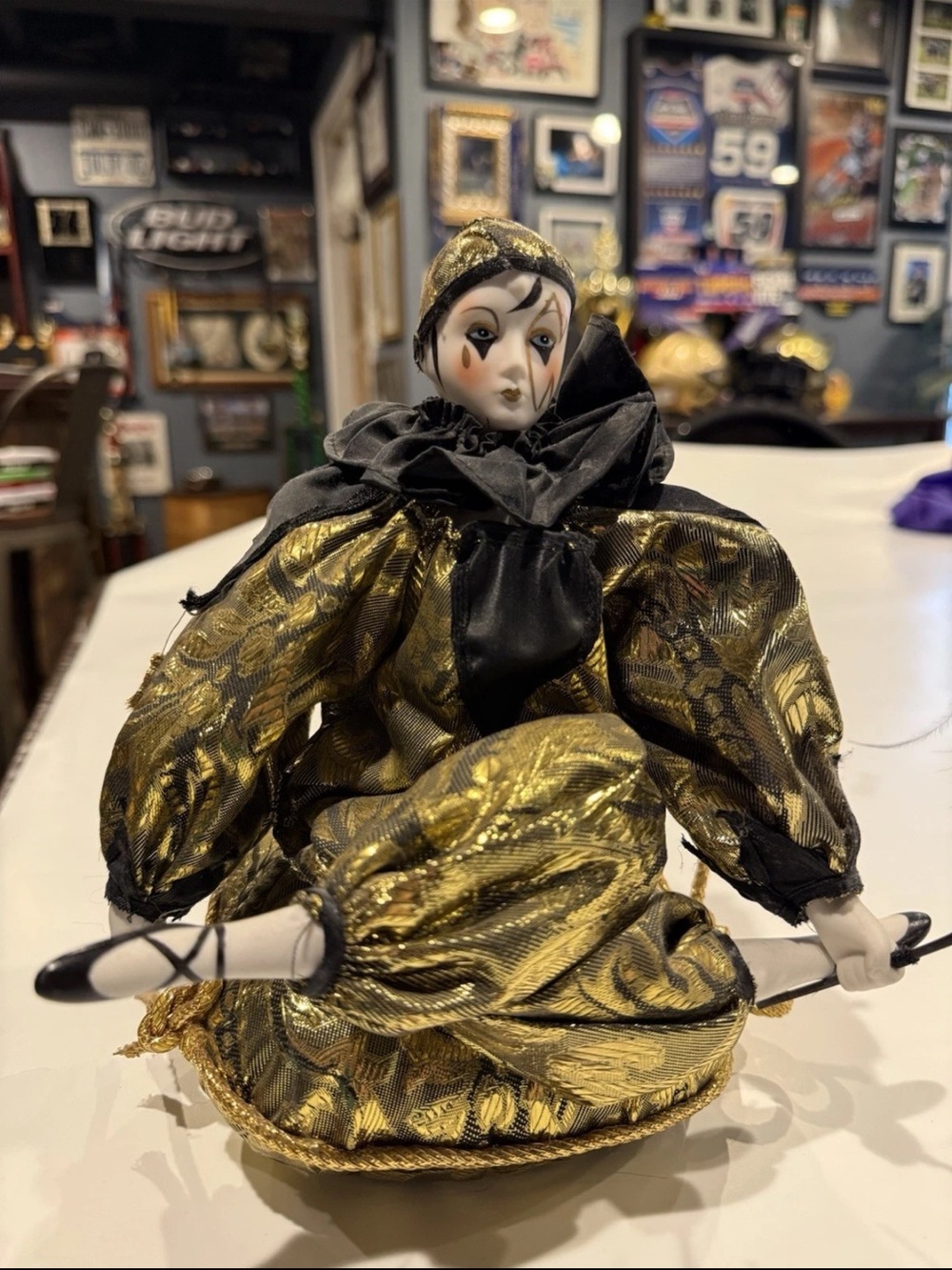 Gold and Black Porcelain Clown Doll by